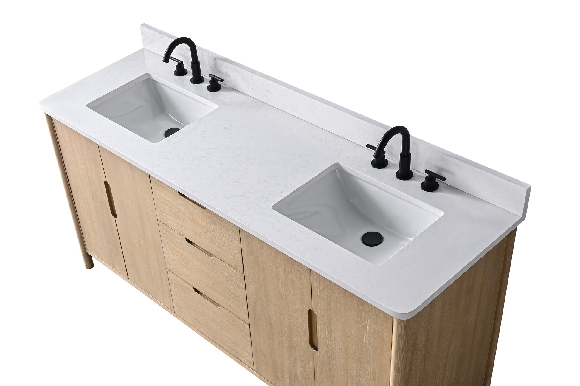 Angled close-up of 72-inch double sink vanity white stone countertop with undermount sinks and black faucets
