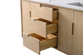 Close-up of three open wooden drawers on light oak 72-inch bathroom vanity cabinet