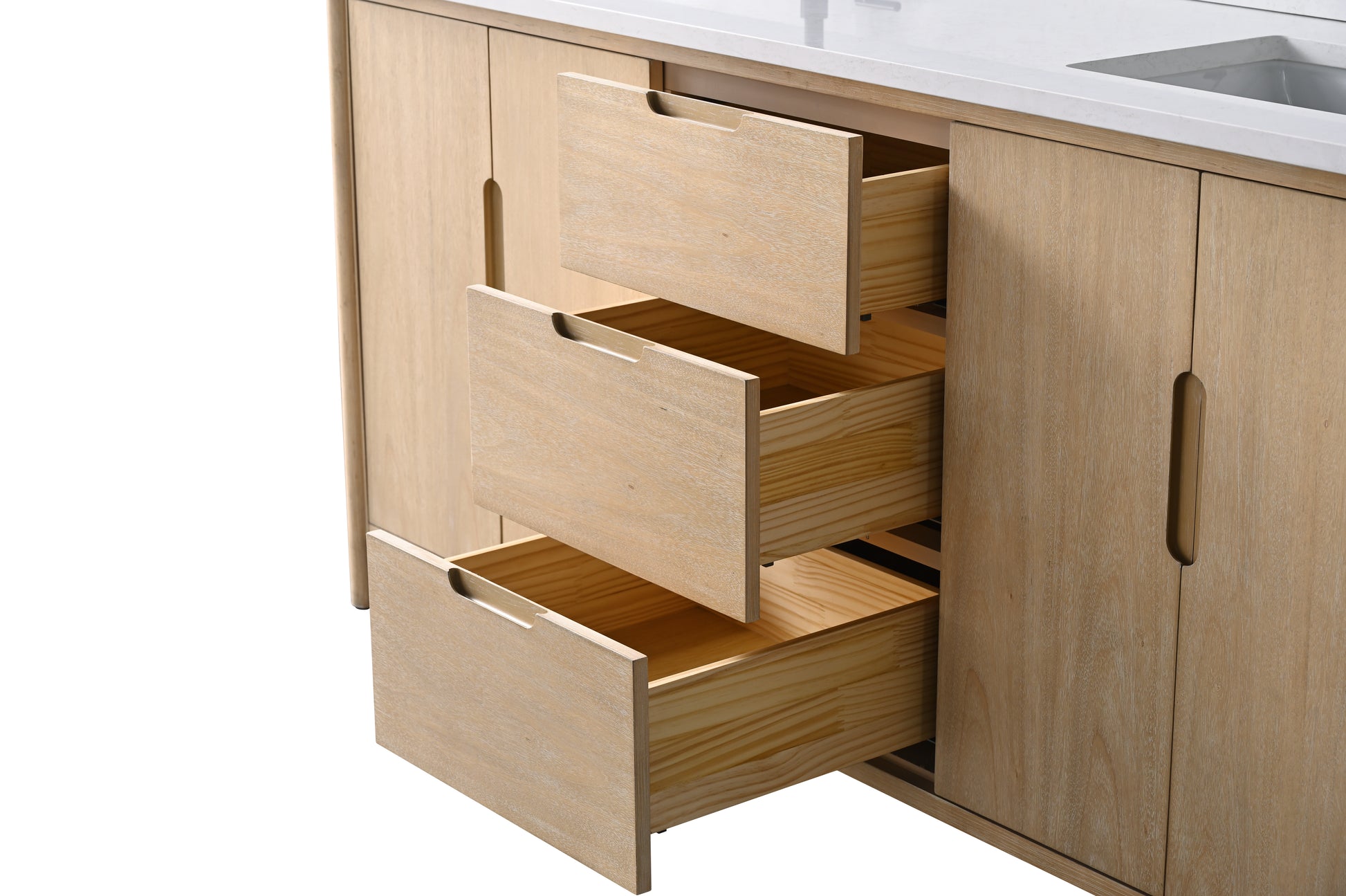 Close-up of three open wooden drawers on light oak 72-inch bathroom vanity cabinet
