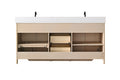 Front view of 72-inch double sink vanity interior with all doors and center drawers open wide