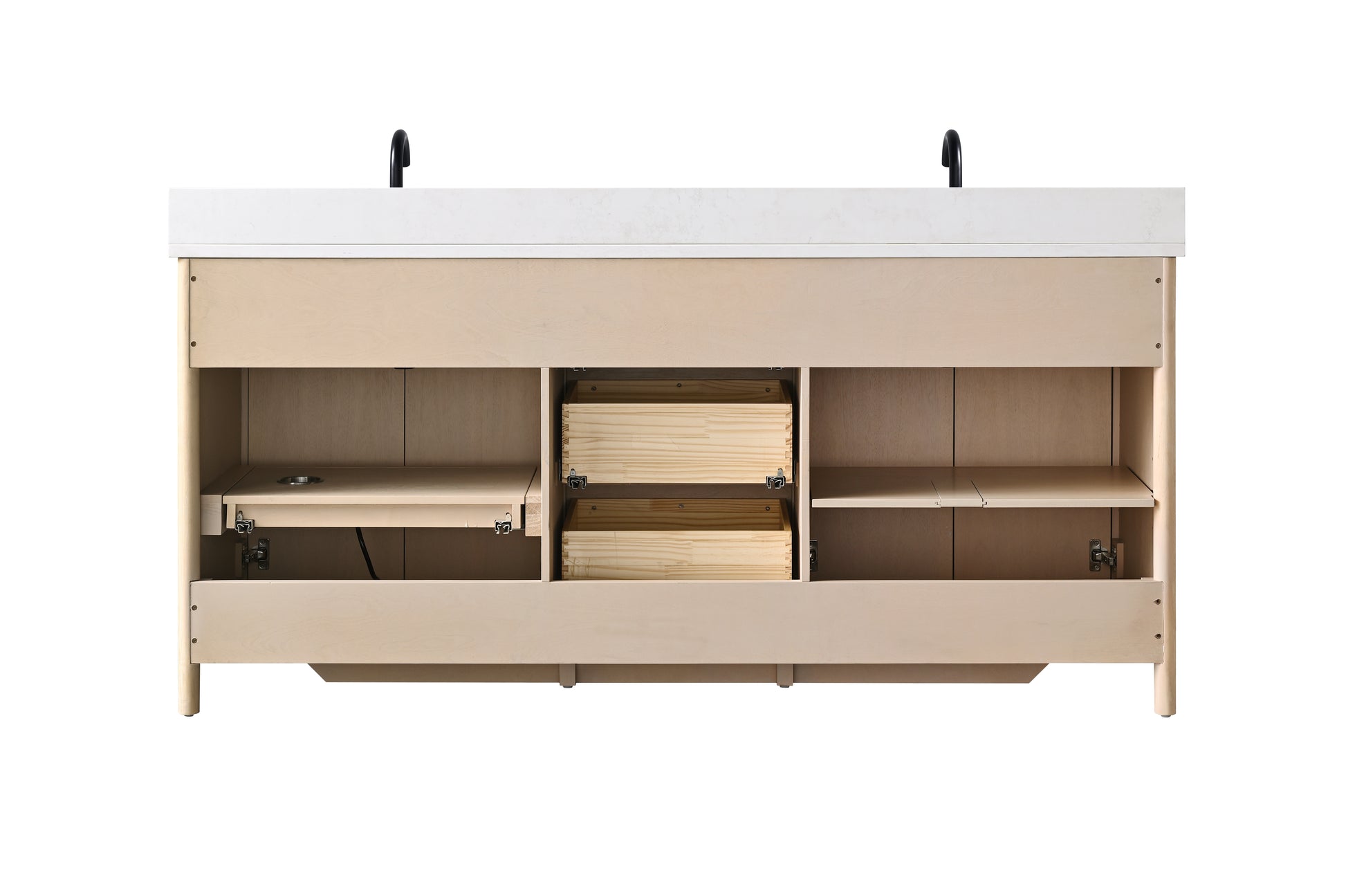 Front view of 72-inch double sink vanity interior with all doors and center drawers open wide