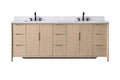 Front elevation view of 84-inch light oak double sink vanity with white stone top and matte black faucets