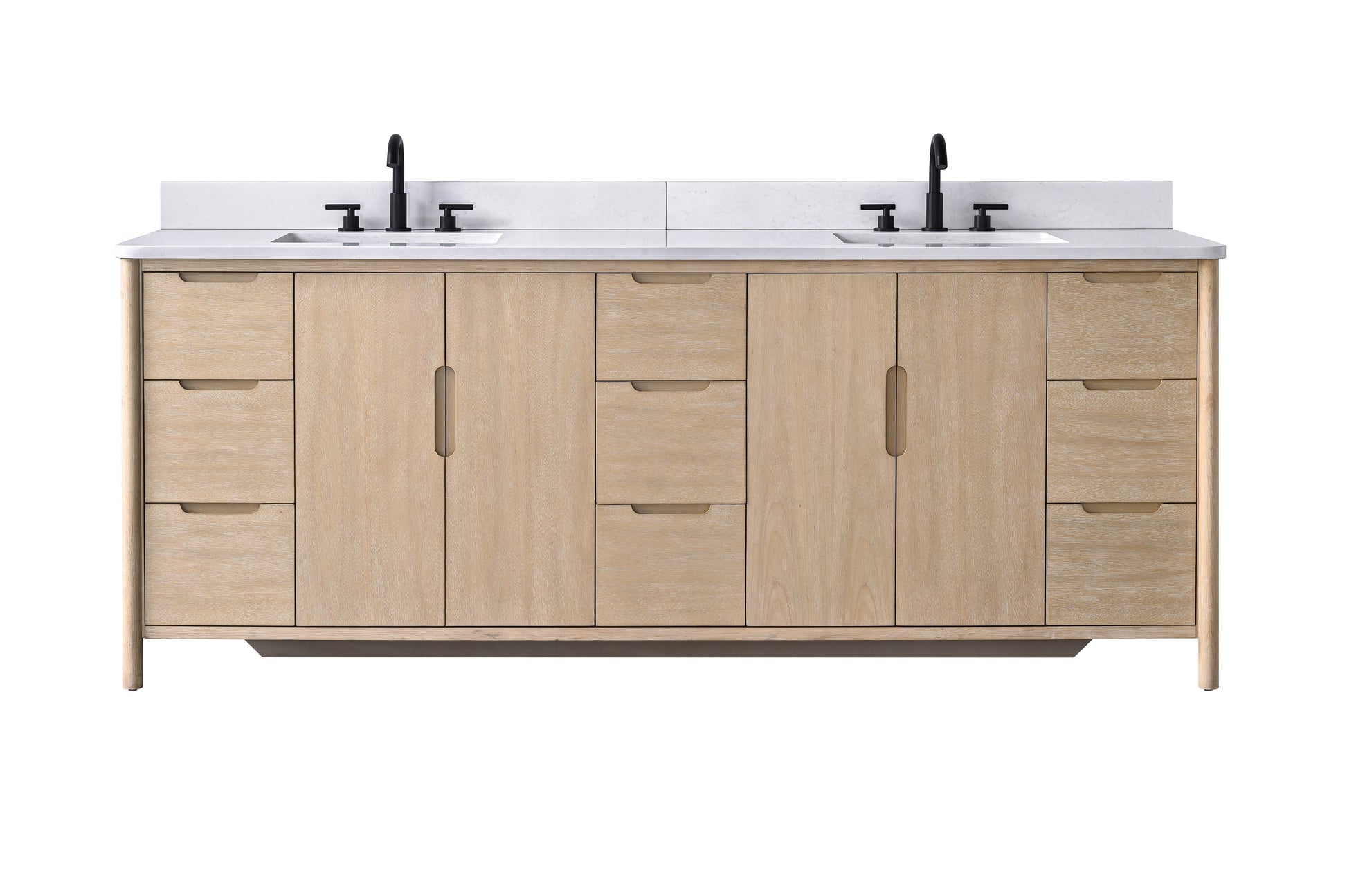 Front elevation view of 84-inch light oak double sink vanity with white stone top and matte black faucets