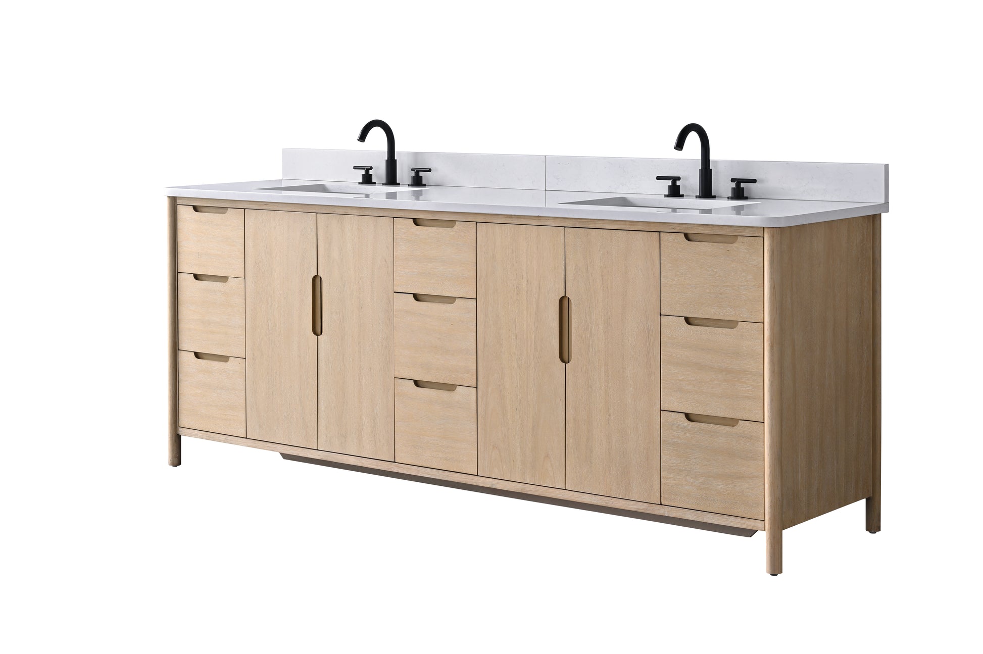 Angled front view of 84-inch light oak double sink vanity with white engineered stone top and gold-toned hardware