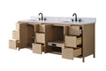 VanityArt 84-inch double sink bathroom vanity light oak finish open drawers white engineered stone top black faucets