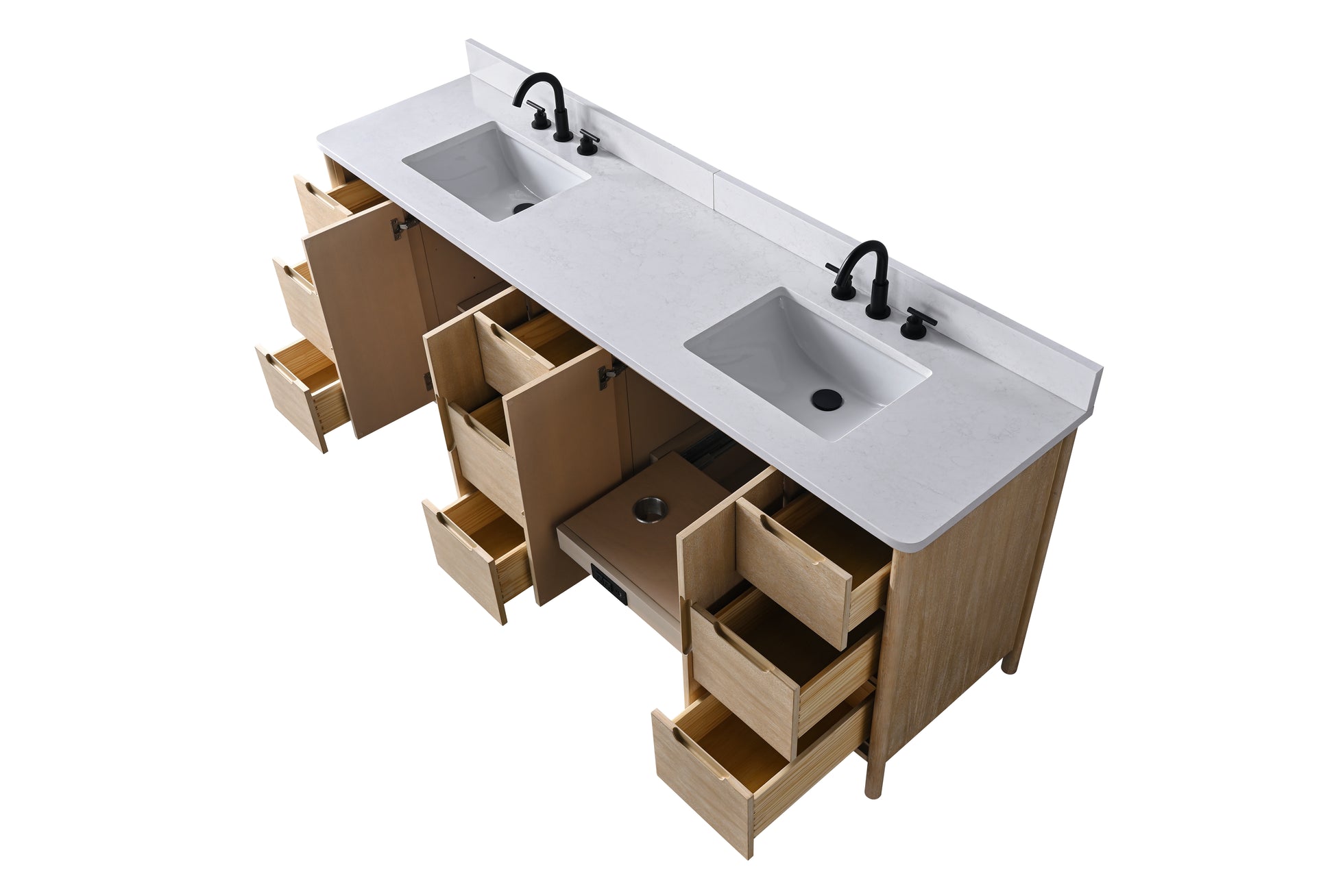 VanityArt 84-inch double sink vanity overhead view open drawers oak cabinet white quartz top matte black faucets