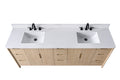 Top-down view of 84-inch white engineered stone double sink vanity top with two undermount rectangular basins