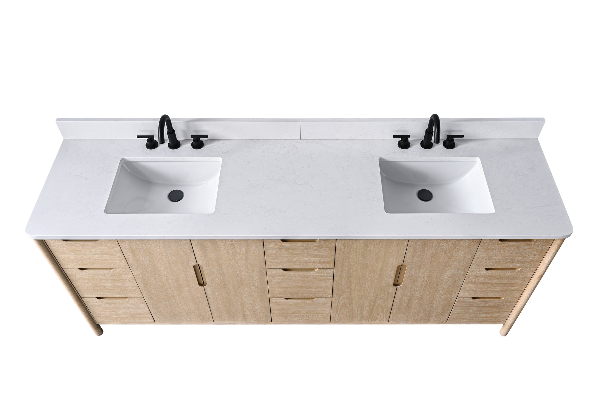 Top-down view of 84-inch white engineered stone double sink vanity top with two undermount rectangular basins
