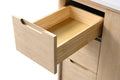 Open upper drawer detail on light oak bathroom vanity showing solid wood box construction, side angle