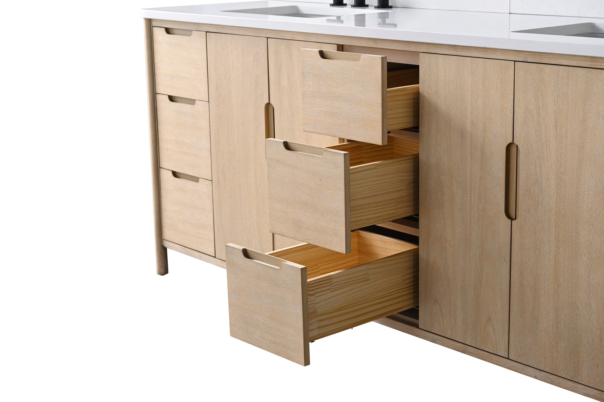 Left side open drawers and doors on 84-inch light oak double sink vanity showing interior storage compartments