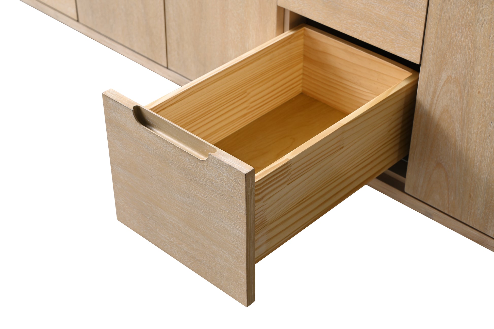 Open drawer close-up showing solid wood interior and integrated pull handle on light oak bathroom vanity