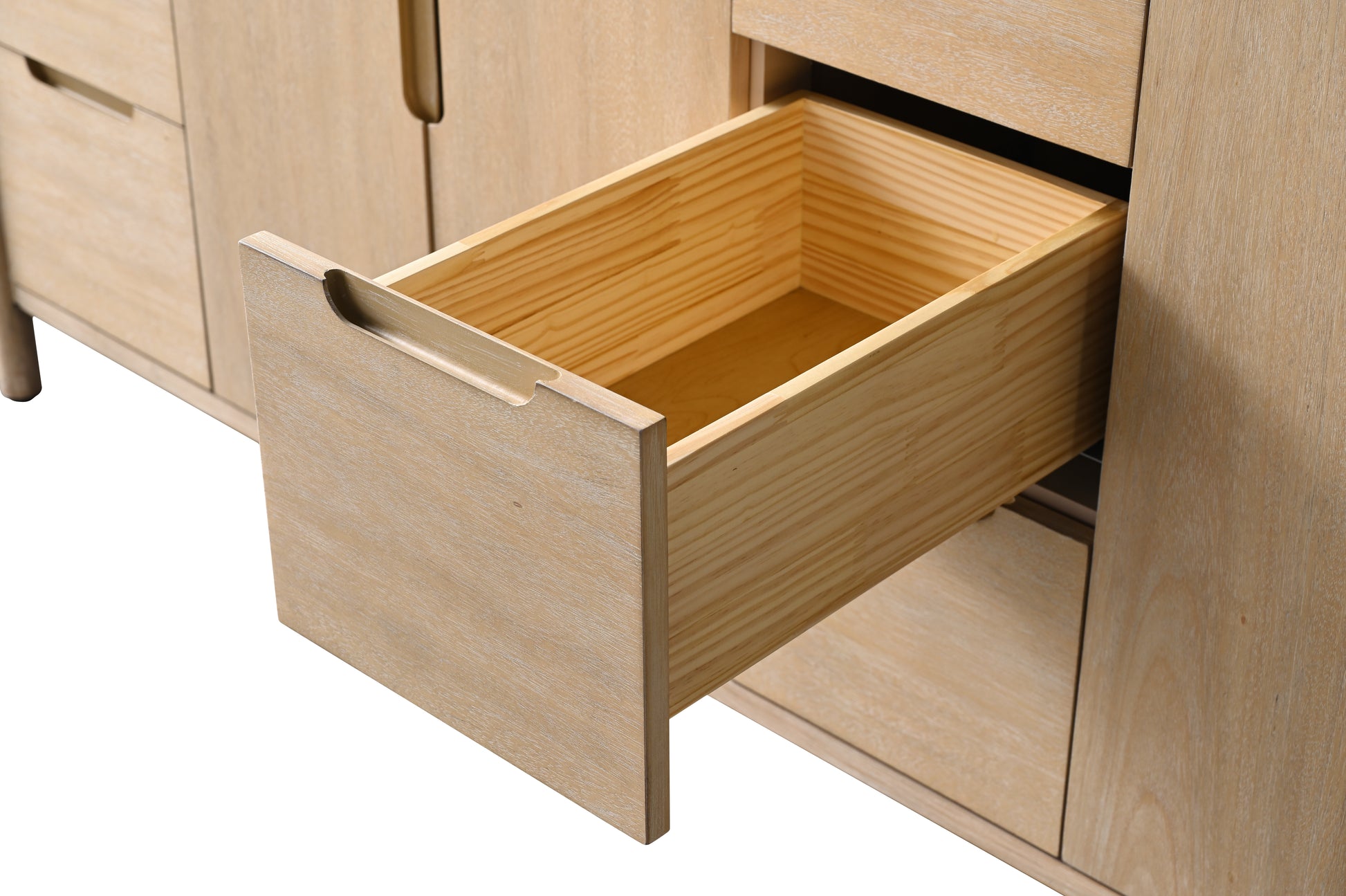 Open drawer detail with dovetail wood sides on center section of light oak double sink vanity