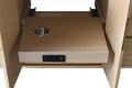 Extended pull-out charging shelf with electrical outlet and USB port inside light oak bathroom vanity