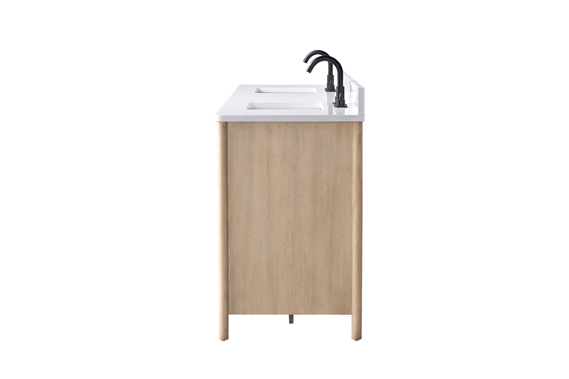 VanityArt 84-inch bathroom vanity side profile view light oak finish white engineered stone top single basin black faucet