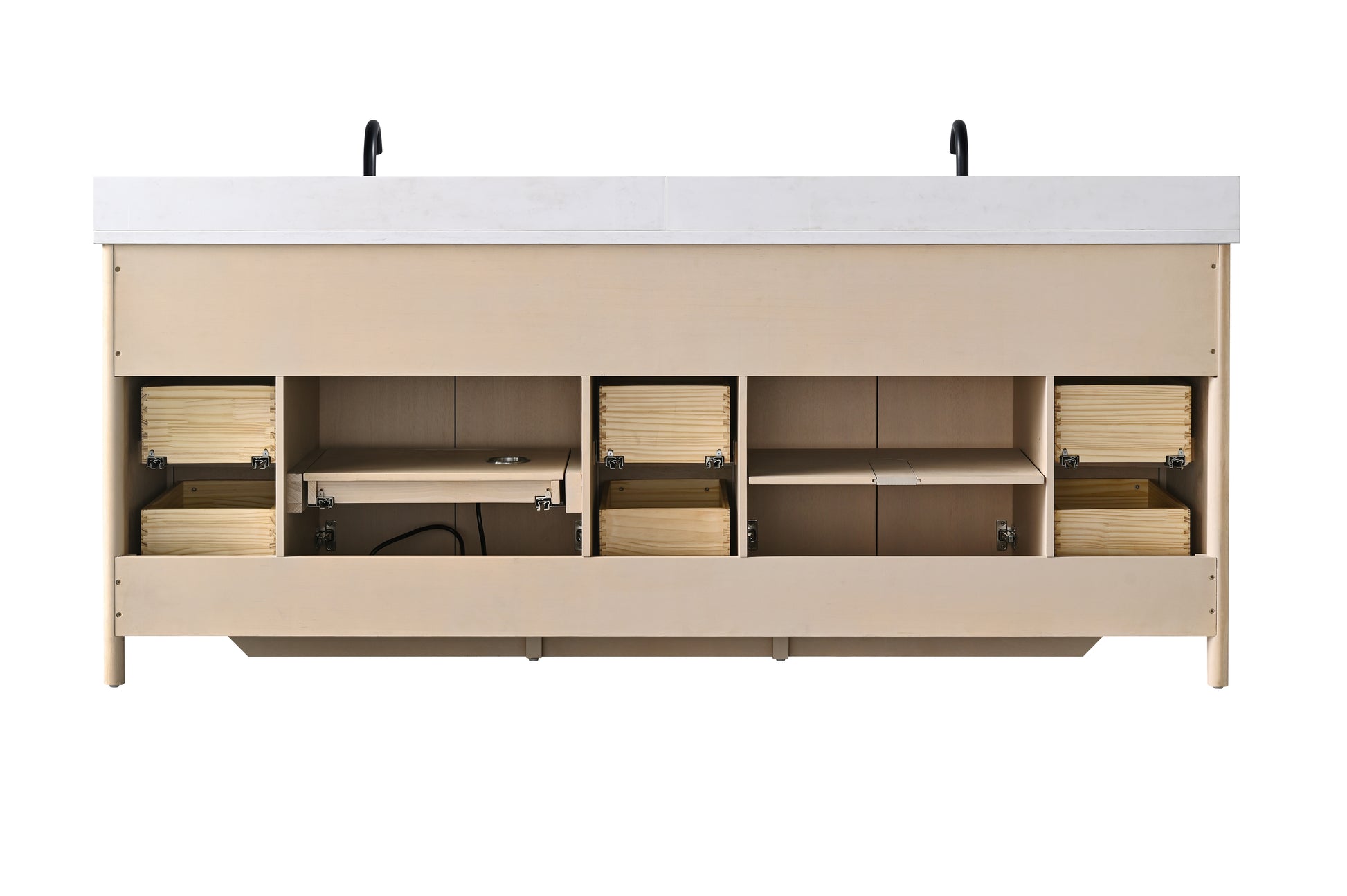 Front view of 84-inch light oak double sink vanity with all doors and drawers open showing full interior storage