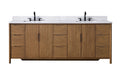 Front view of 84-inch walnut double vanity with white engineered stone top and matte black faucets
