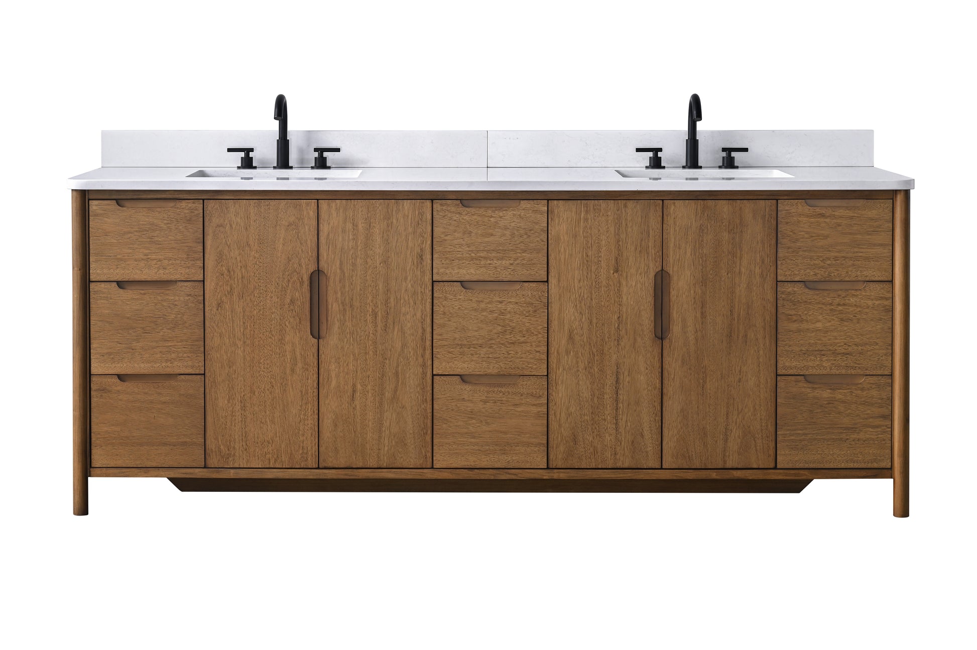 Front view of 84-inch walnut double vanity with white engineered stone top and matte black faucets