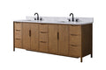 84-inch walnut freestanding double sink vanity with white quartz top and black faucets on white background