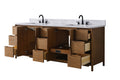 84-inch walnut double vanity with all doors and drawers open revealing pine interiors and power drawer