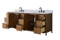 VanityArt 84-inch walnut double sink bathroom vanity with white stone top, open drawers and cabinet doors, front view