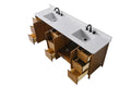 VanityArt 84-inch walnut double sink vanity with white engineered stone top and open drawers, overhead angle view