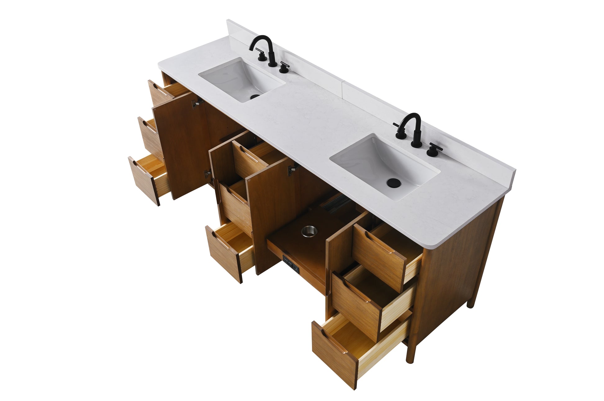 VanityArt 84-inch walnut double sink vanity with white engineered stone top and open drawers, overhead angle view