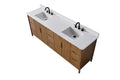 VanityArt 84-inch walnut double sink bathroom vanity with white stone top and closed doors, top-down perspective view