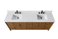 Top-down view of 84-inch double sink vanity with white engineered stone top and dual black widespread faucets