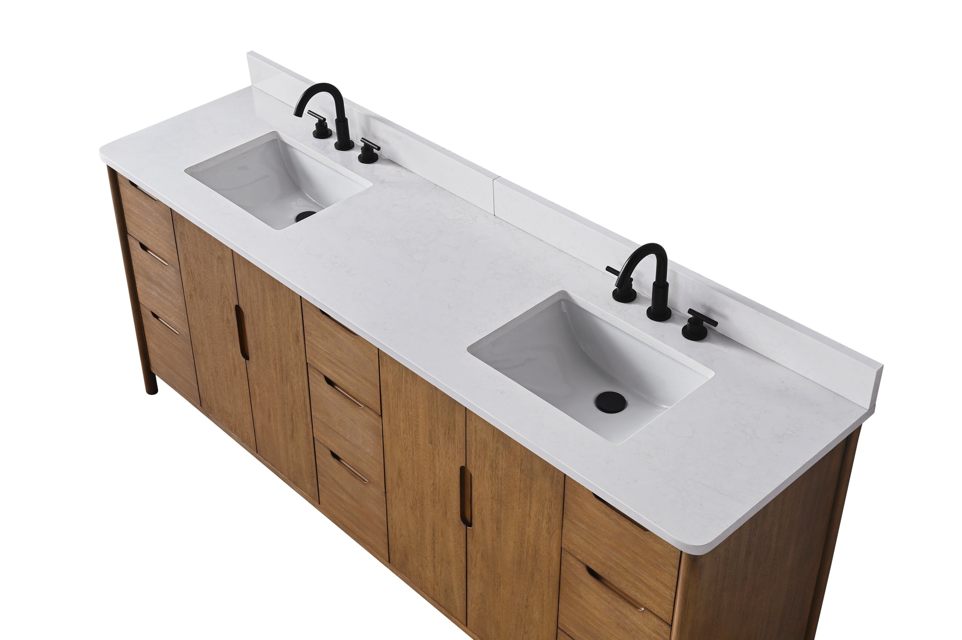 Angled top view of 84-inch walnut vanity showing dual undermount sinks and white quartz countertop