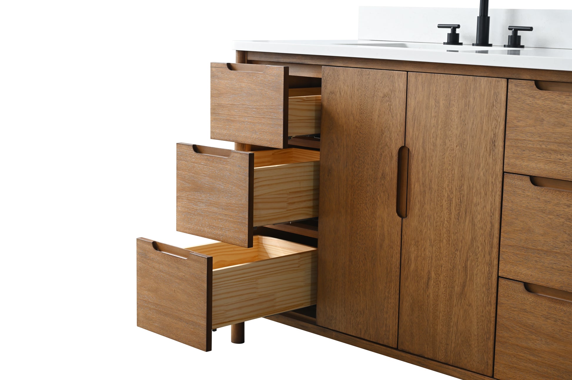 Close-up of open walnut vanity drawers with dovetail pine interiors and soft-close slides on left side