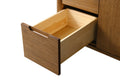 Close-up detail of single open walnut vanity drawer showing natural pine dovetail box construction