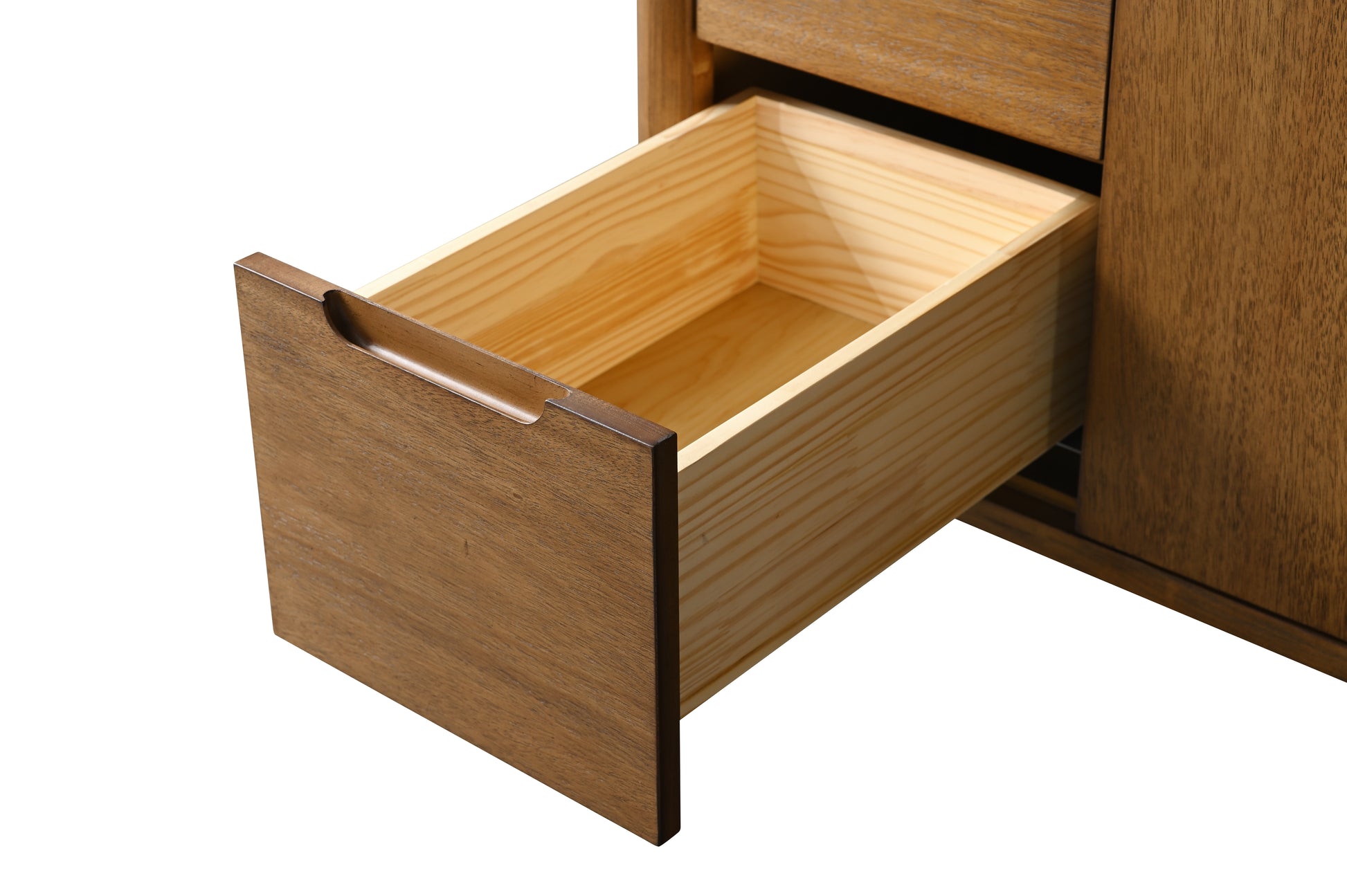 Close-up detail of single open walnut vanity drawer showing natural pine dovetail box construction