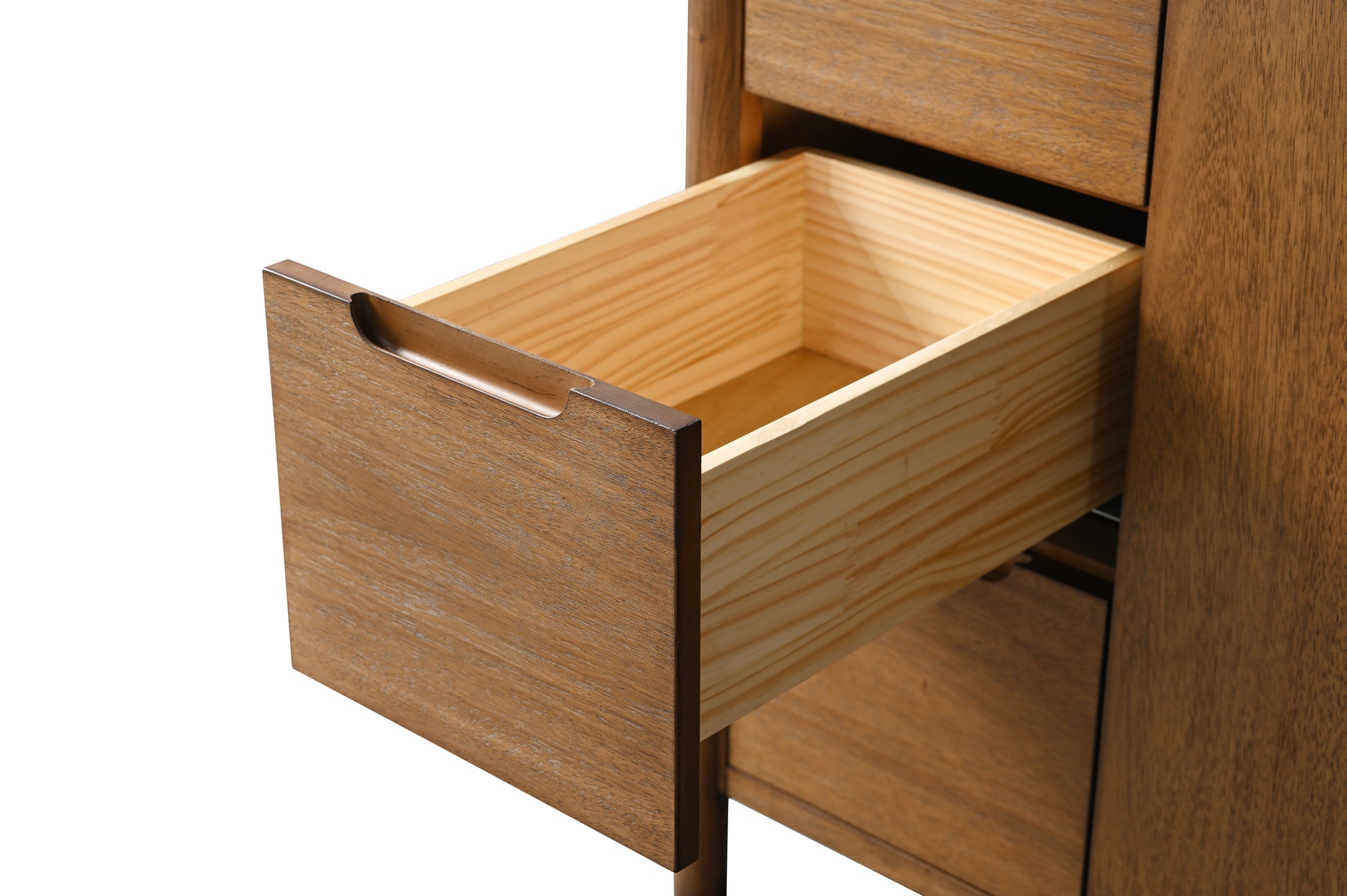 Close-up of open walnut vanity drawer with pine interior box and integrated pull handle detail