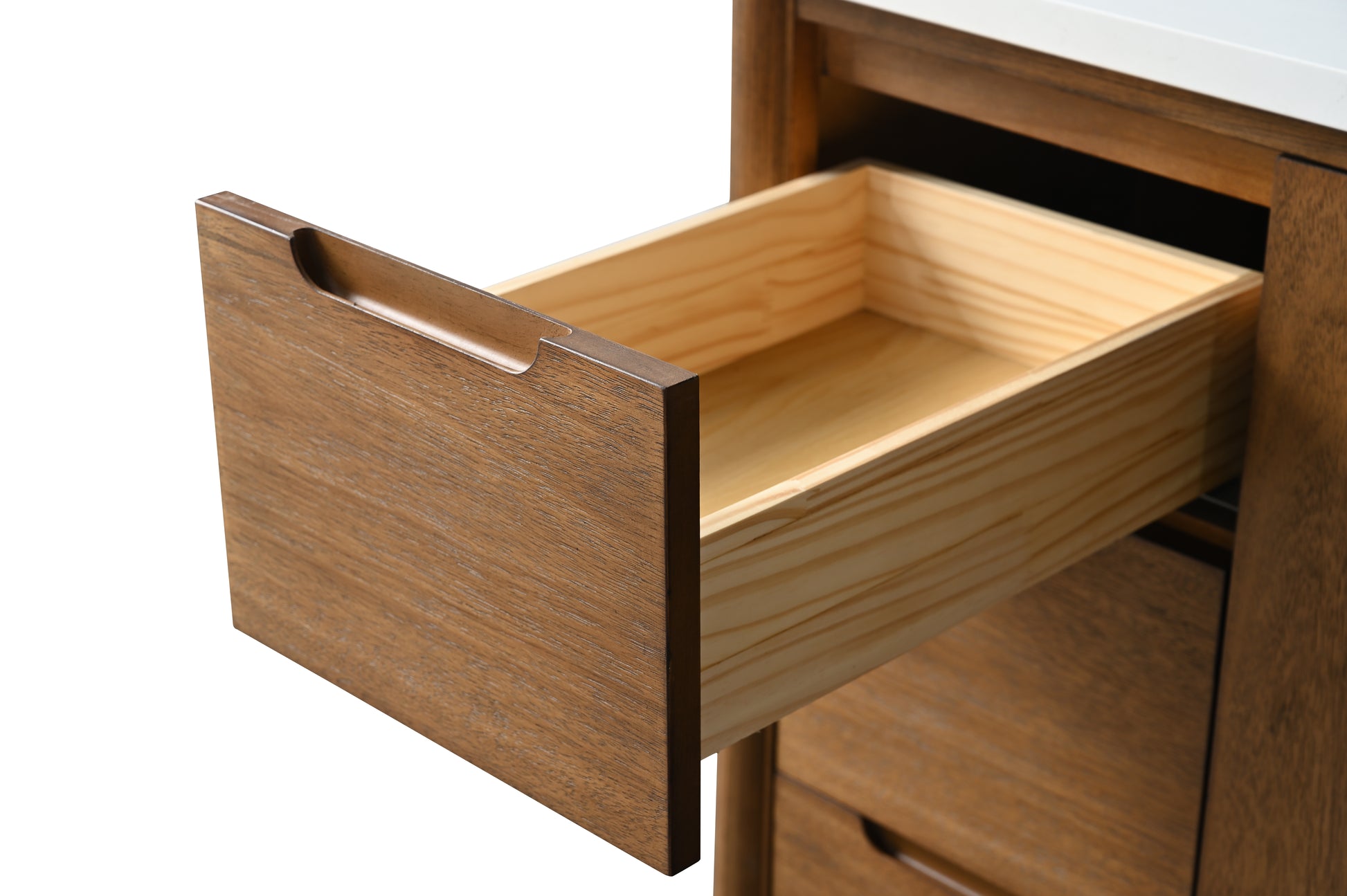 Close-up of lower open walnut vanity drawer showing pine box, dovetail joints, and side-mount slides