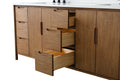 Left-side open drawers of 84-inch walnut vanity showing three stacked pine dovetail drawers extended