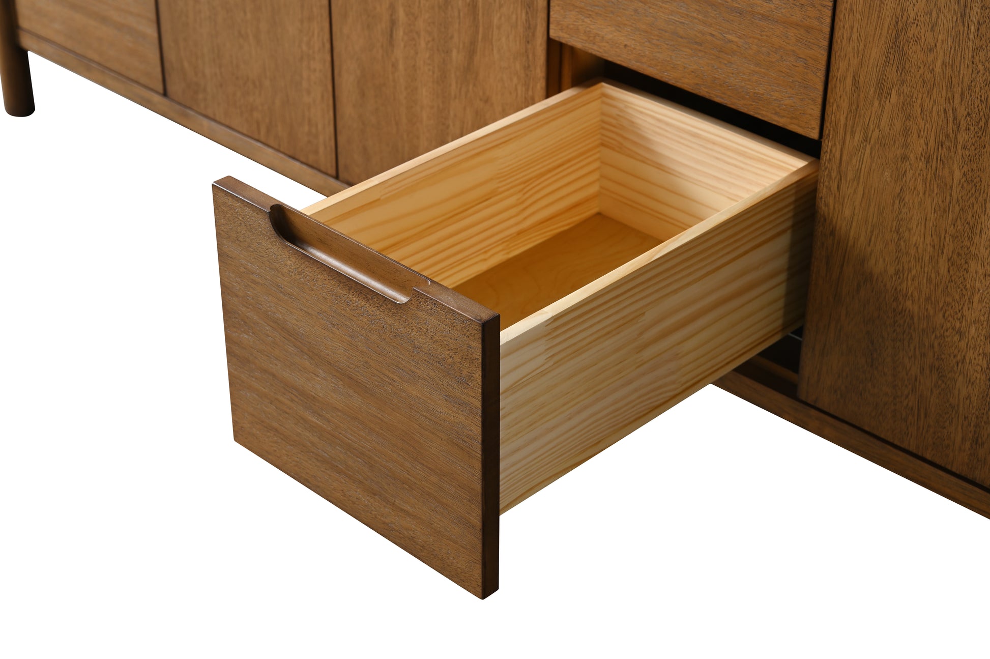 Detail of single open small walnut drawer with pine interior showing dovetail corner joinery