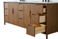 Right-side open drawers of 84-inch walnut vanity showing three stacked pine interior drawers extended