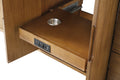Interior drawer with built-in electrical outlet, USB port, and stainless cup holder on pull-out shelf