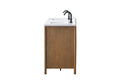 Side profile view of 84-inch walnut bathroom vanity with white stone top and single black faucet
