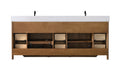 Rear interior view of open 84-inch walnut vanity showing cabinet shelves, drawers, and charging shelf