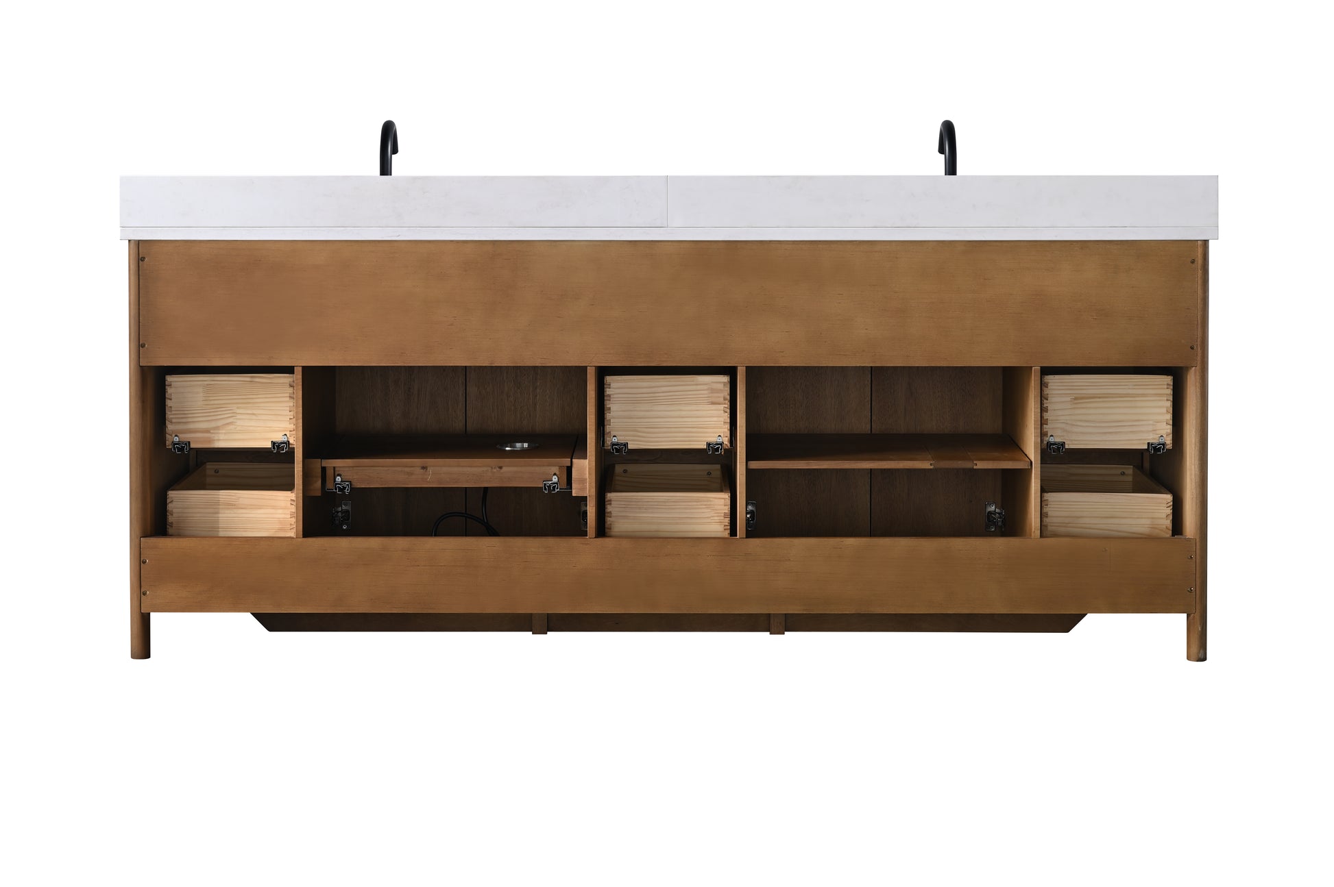 Rear interior view of open 84-inch walnut vanity showing cabinet shelves, drawers, and charging shelf