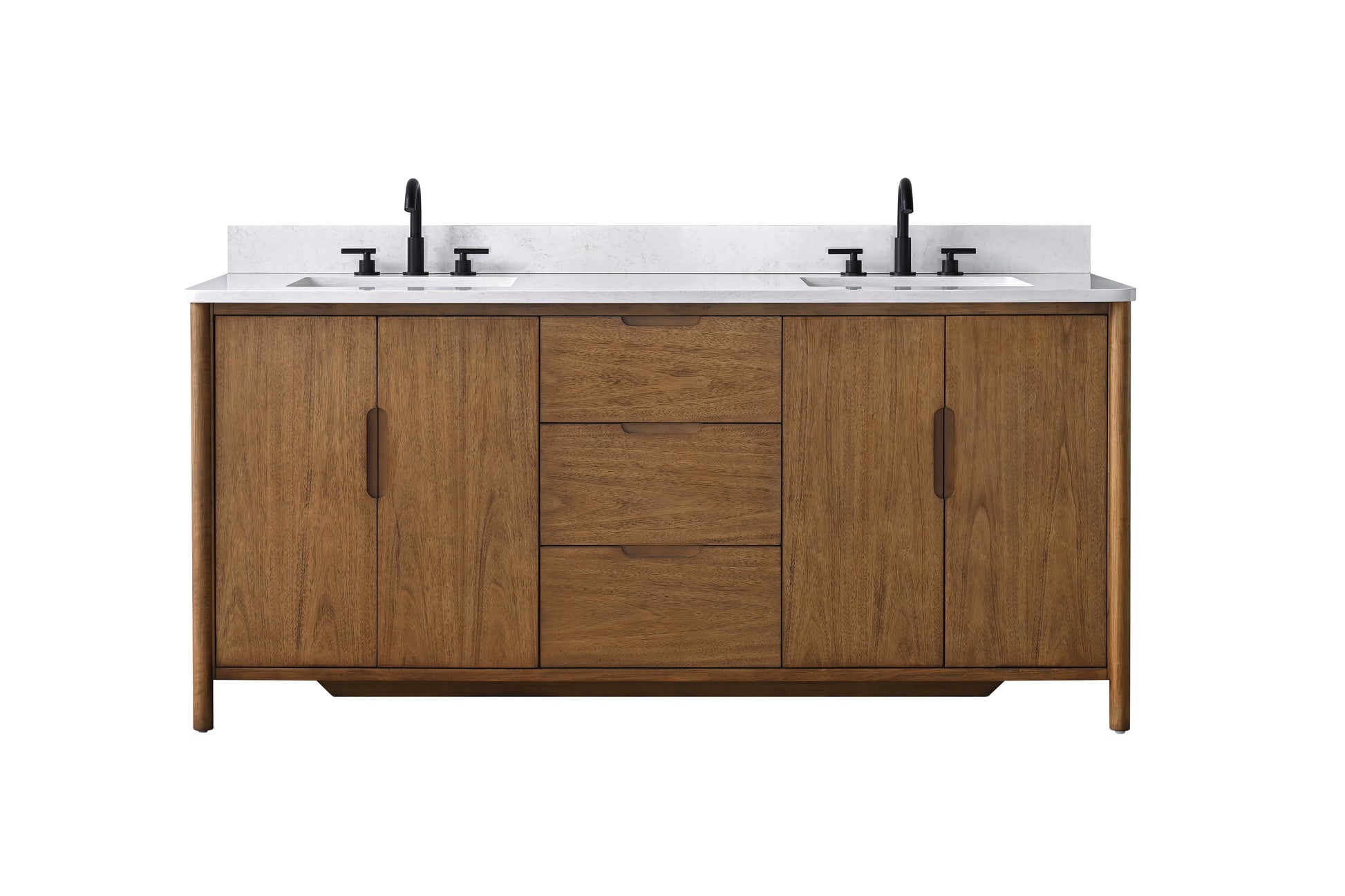 Straight-on front view of 72-inch walnut double bathroom vanity with white quartz top and black faucets