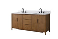 Front view of 72-inch freestanding walnut double sink vanity with white stone top on white background
