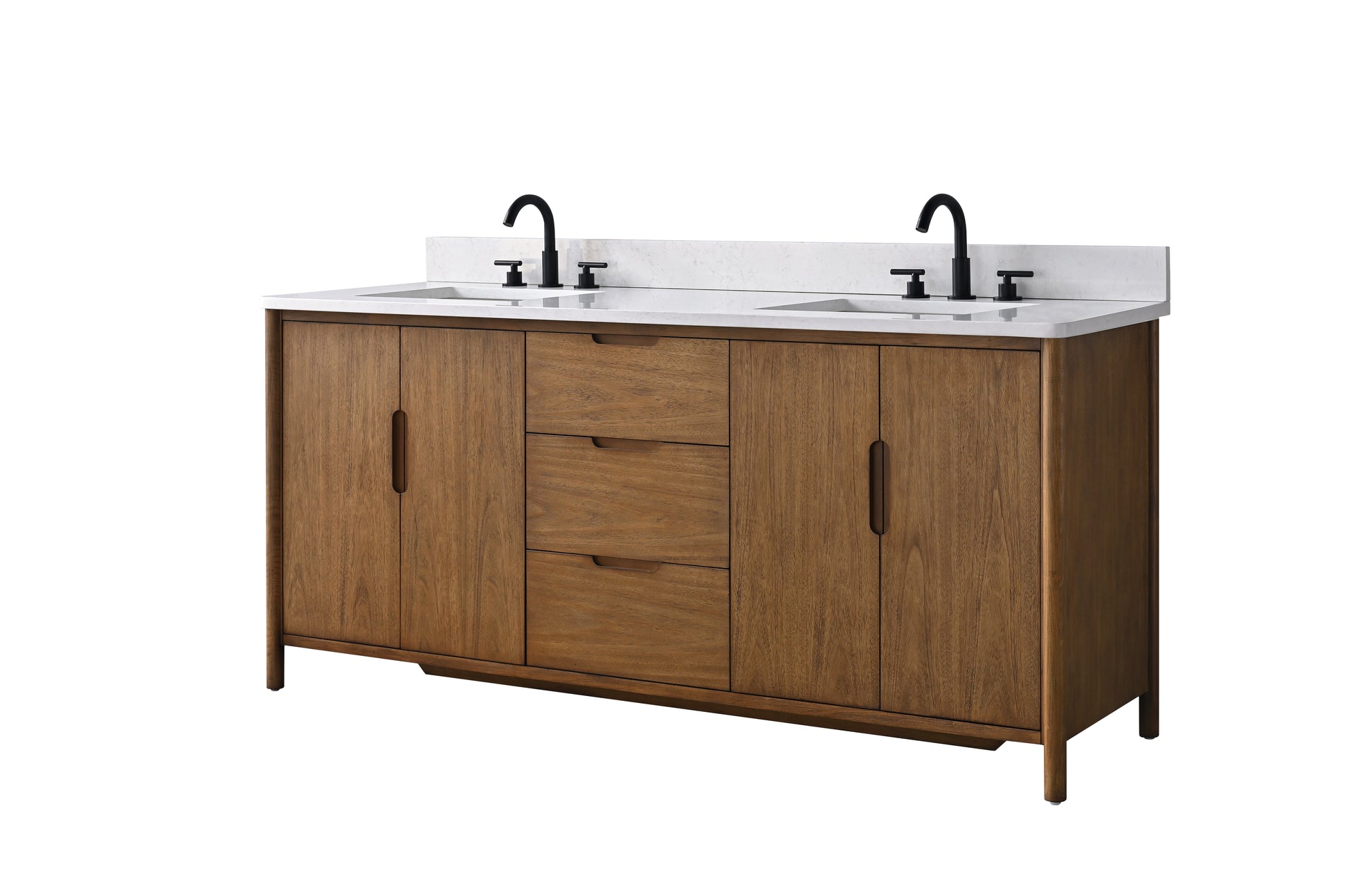 Front view of 72-inch freestanding walnut double sink vanity with white stone top on white background