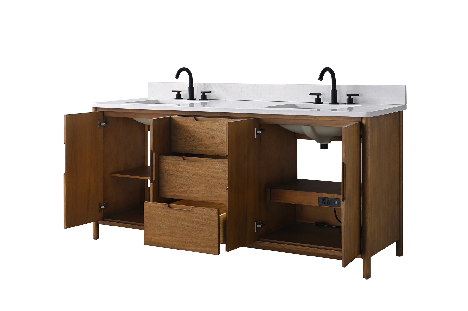 Angled view of 72-inch walnut vanity with cabinet doors open revealing interior shelves and pull-out tray