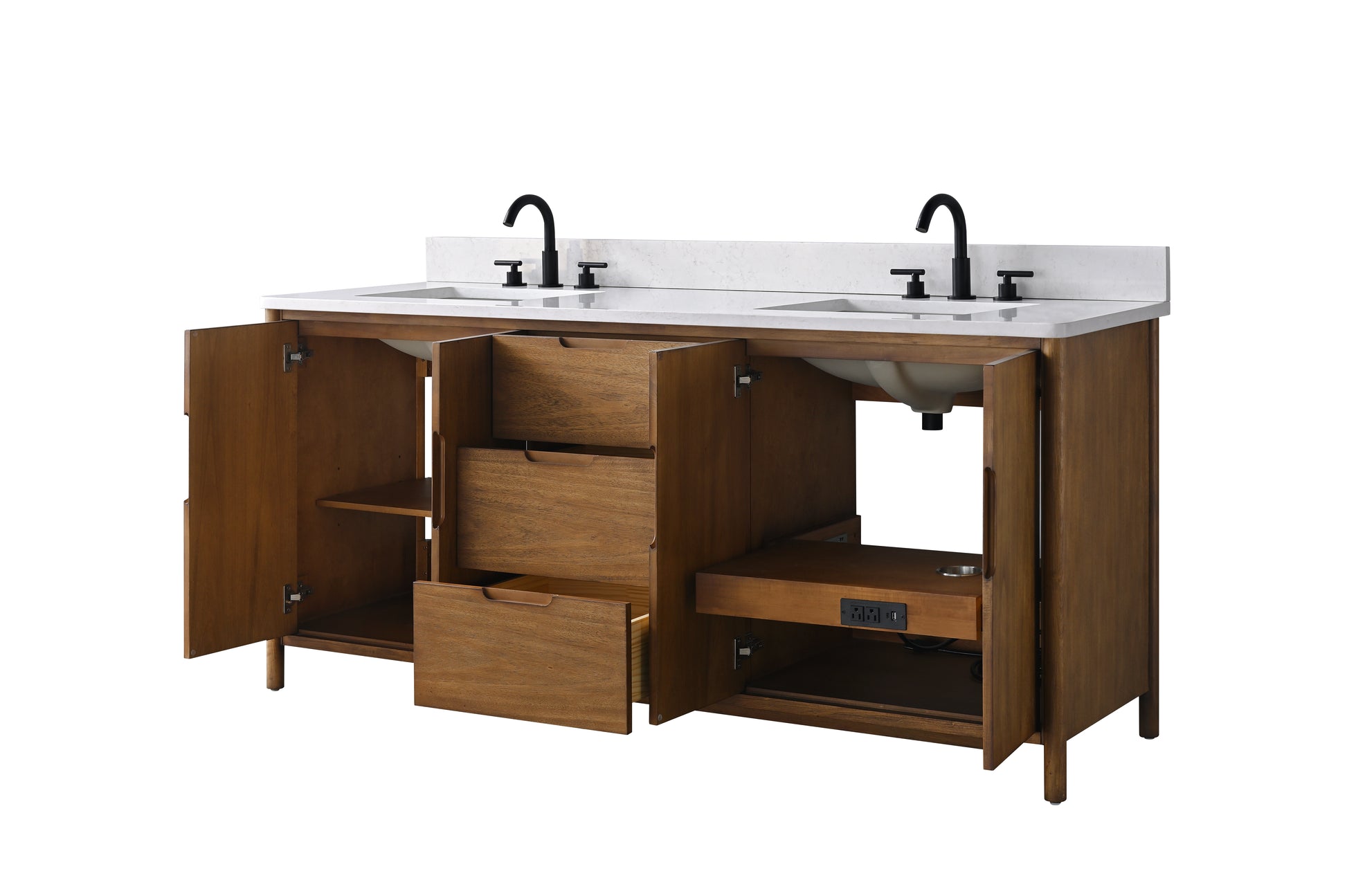 Side angle of 72-inch walnut vanity with left cabinet doors open and center drawers pulled out