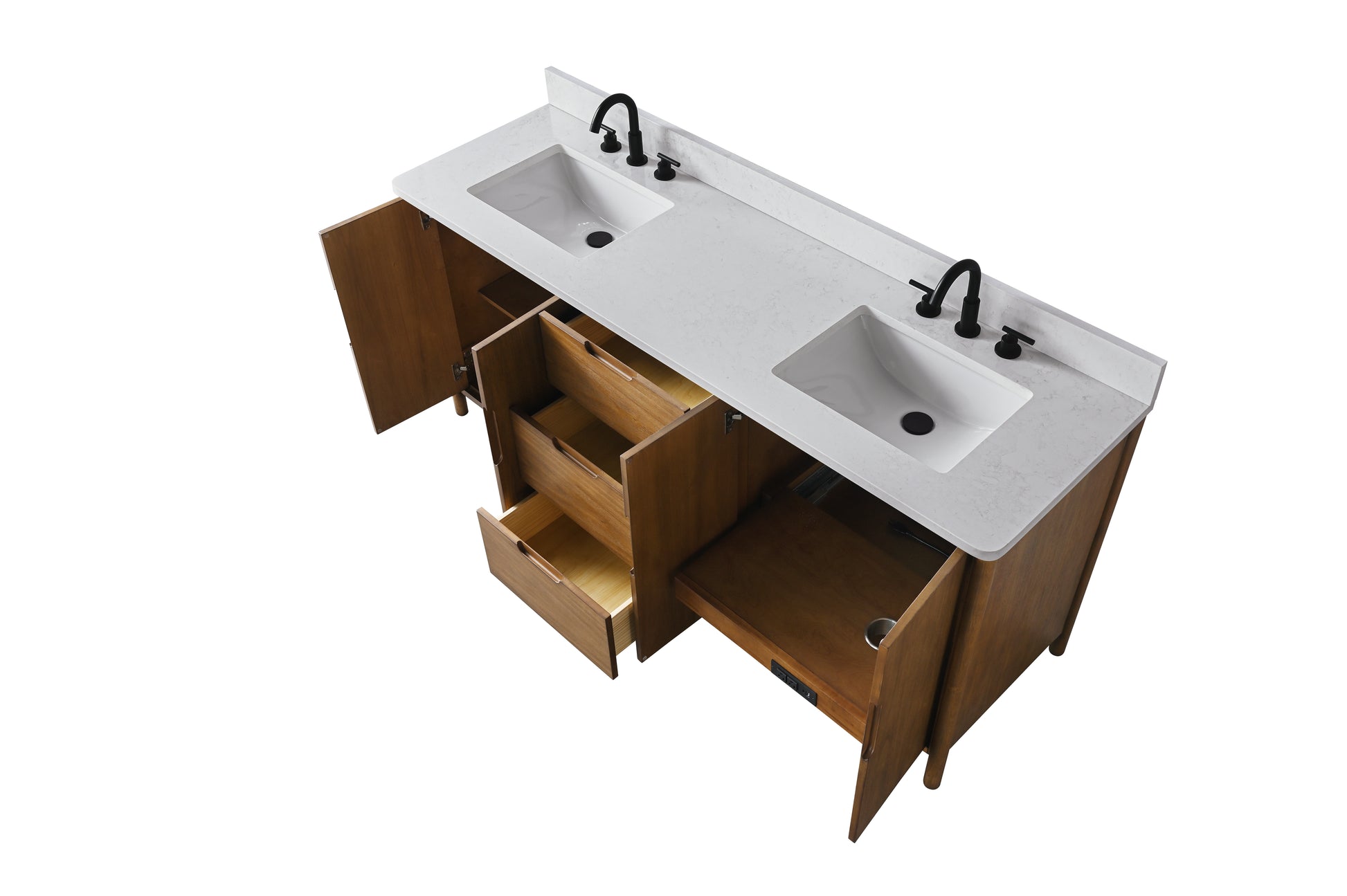 Overhead view of 72-inch double sink vanity with open doors and drawers showing natural wood interior