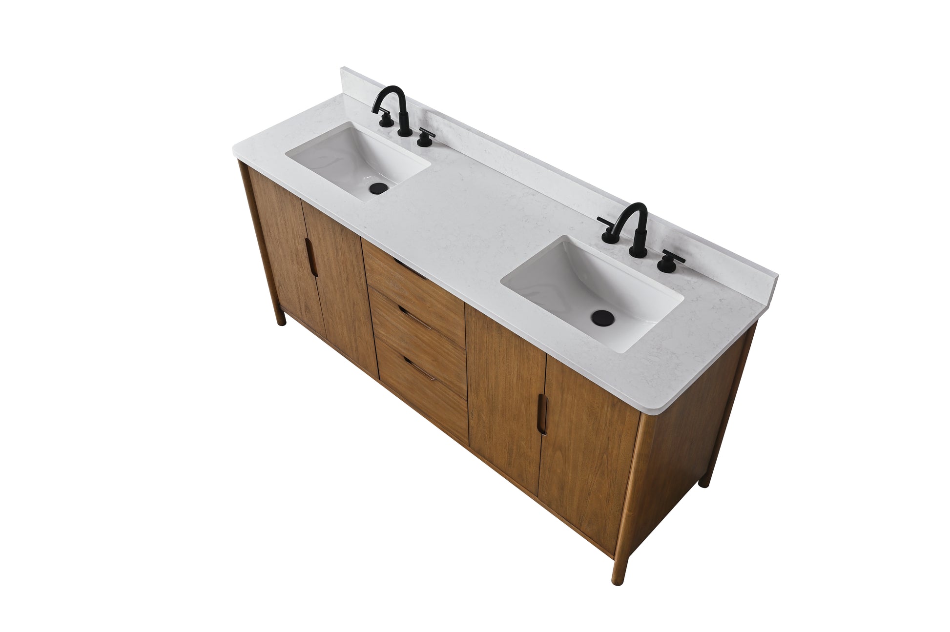 Top-down view of 72-inch double sink engineered stone vanity top with black matte faucets and wood base