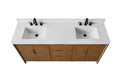 Front overhead angle of 72-inch double undermount sink white stone vanity top with walnut cabinet below