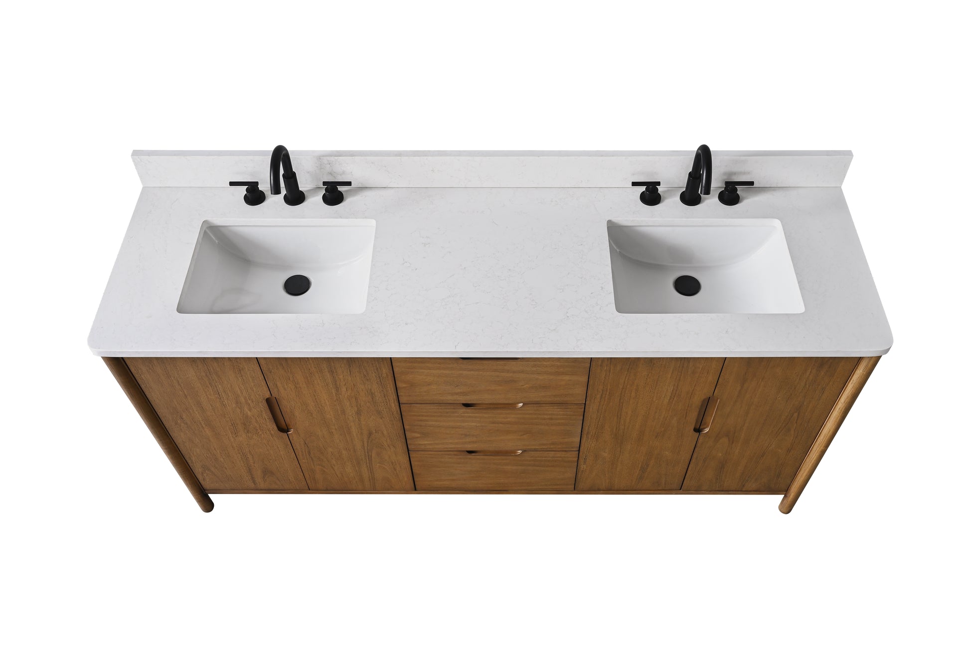 Front overhead angle of 72-inch double undermount sink white stone vanity top with walnut cabinet below